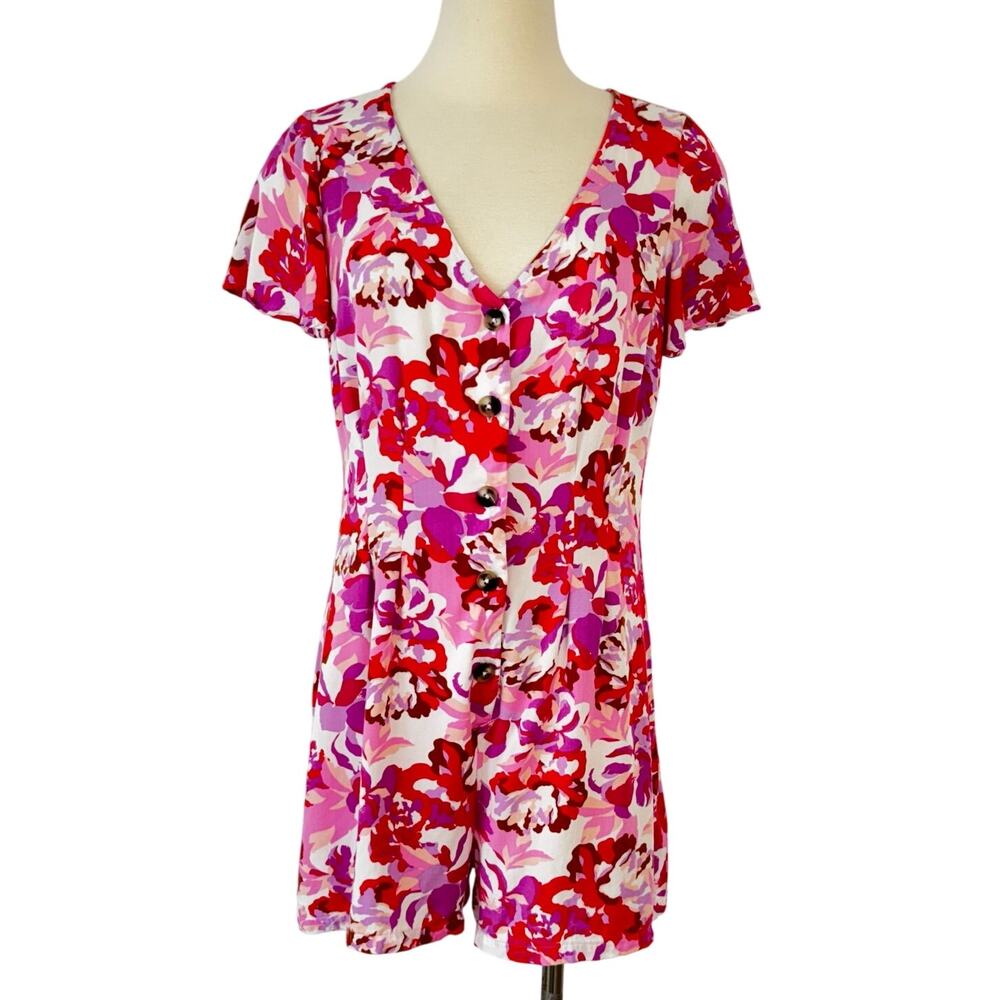 Steve Madden Short Sleeve Floral Romper Coverup Pink/Red S